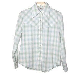 Vintage 70s Lee mens snap button shirt size S green plaid western long sleeve
